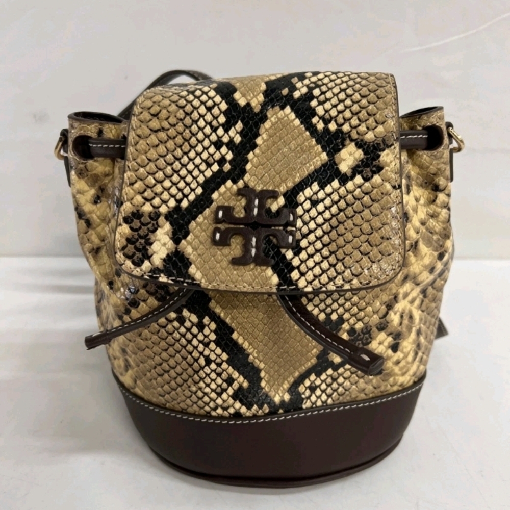 Tory Burch Logo Leather Snakeskin Hobo Mini Backpack